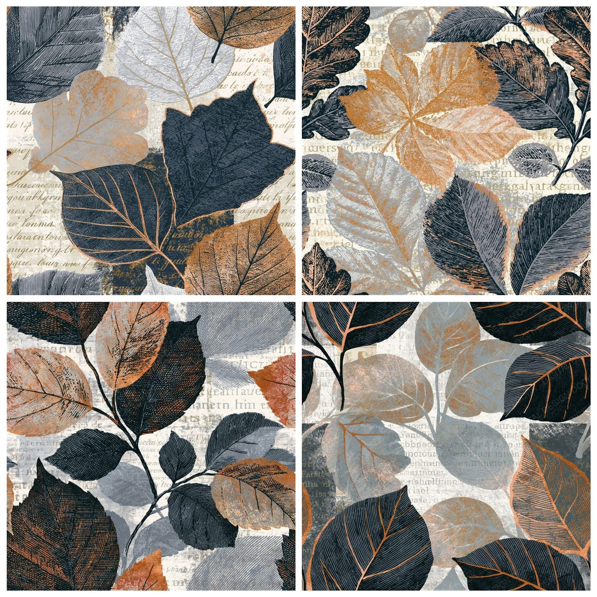 Four more Cross Hatch Autumn Leaves Silver Seamless digital papers from the pack shown in a grid