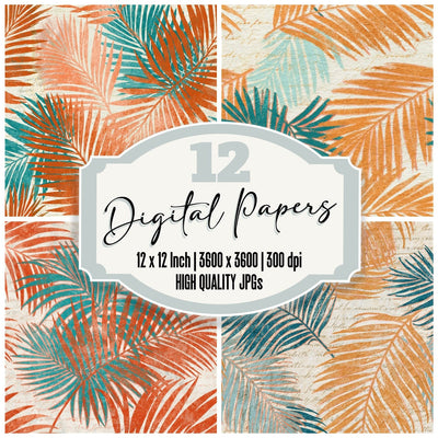 Lithograph Palm Fronds Tangerine Aqua Seamless digital paper pack cover showing four of the 12 papers