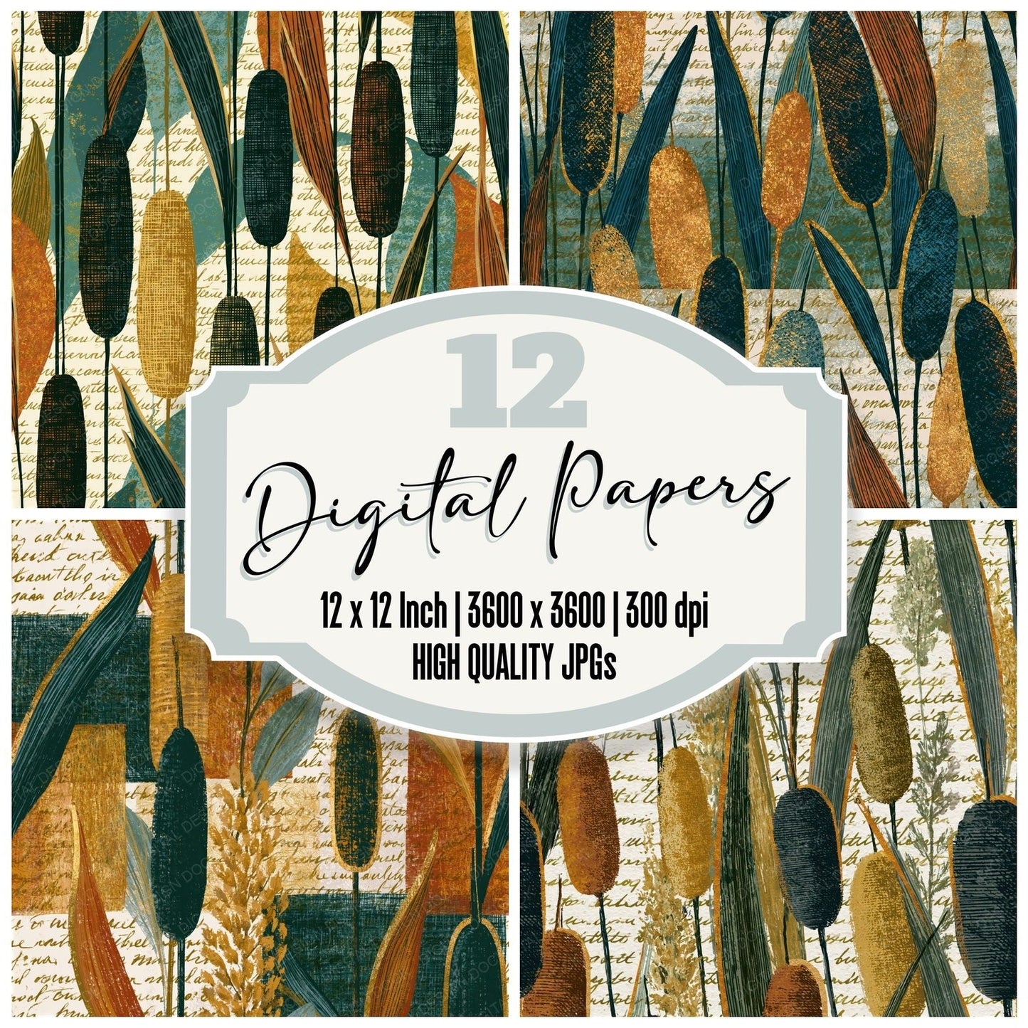 Cross Hatch Cattails Gold Seamless Digital Paper Pack (DDD015869)