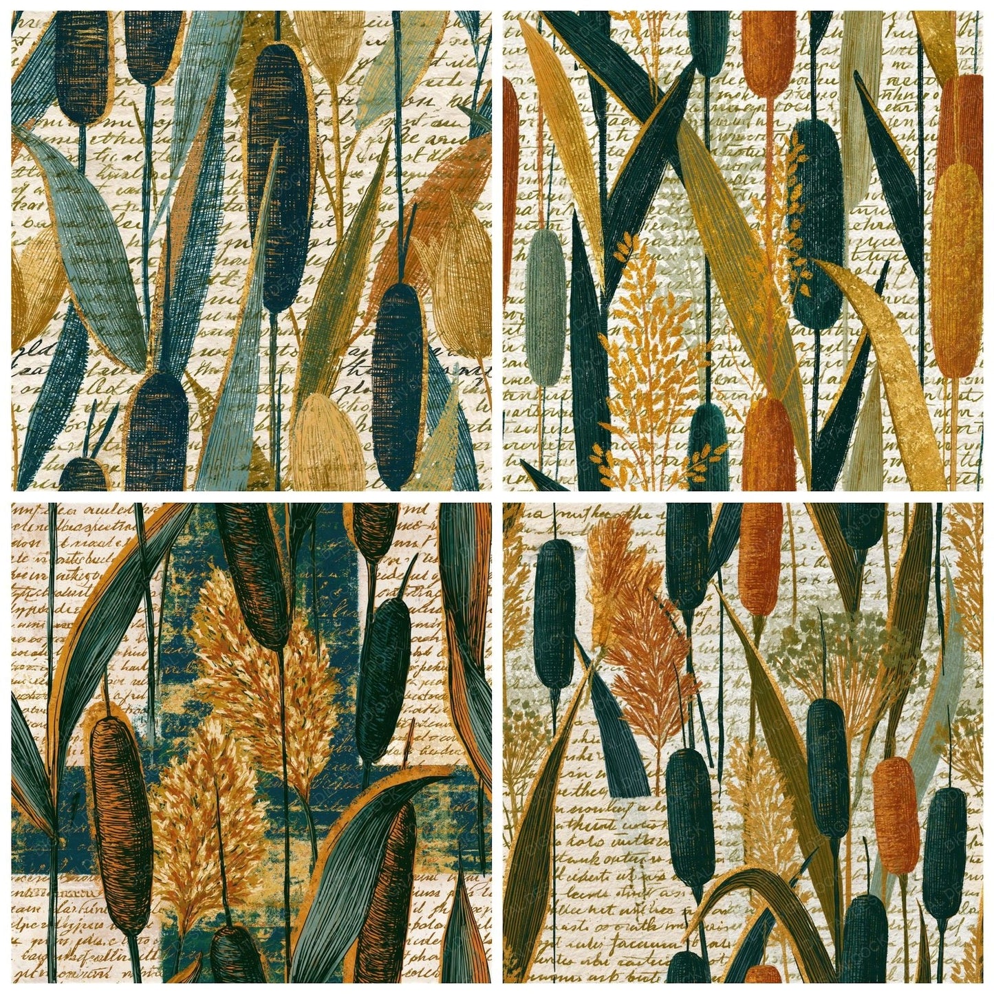 Cross Hatch Cattails Gold Seamless Digital Paper Pack (DDD015869)