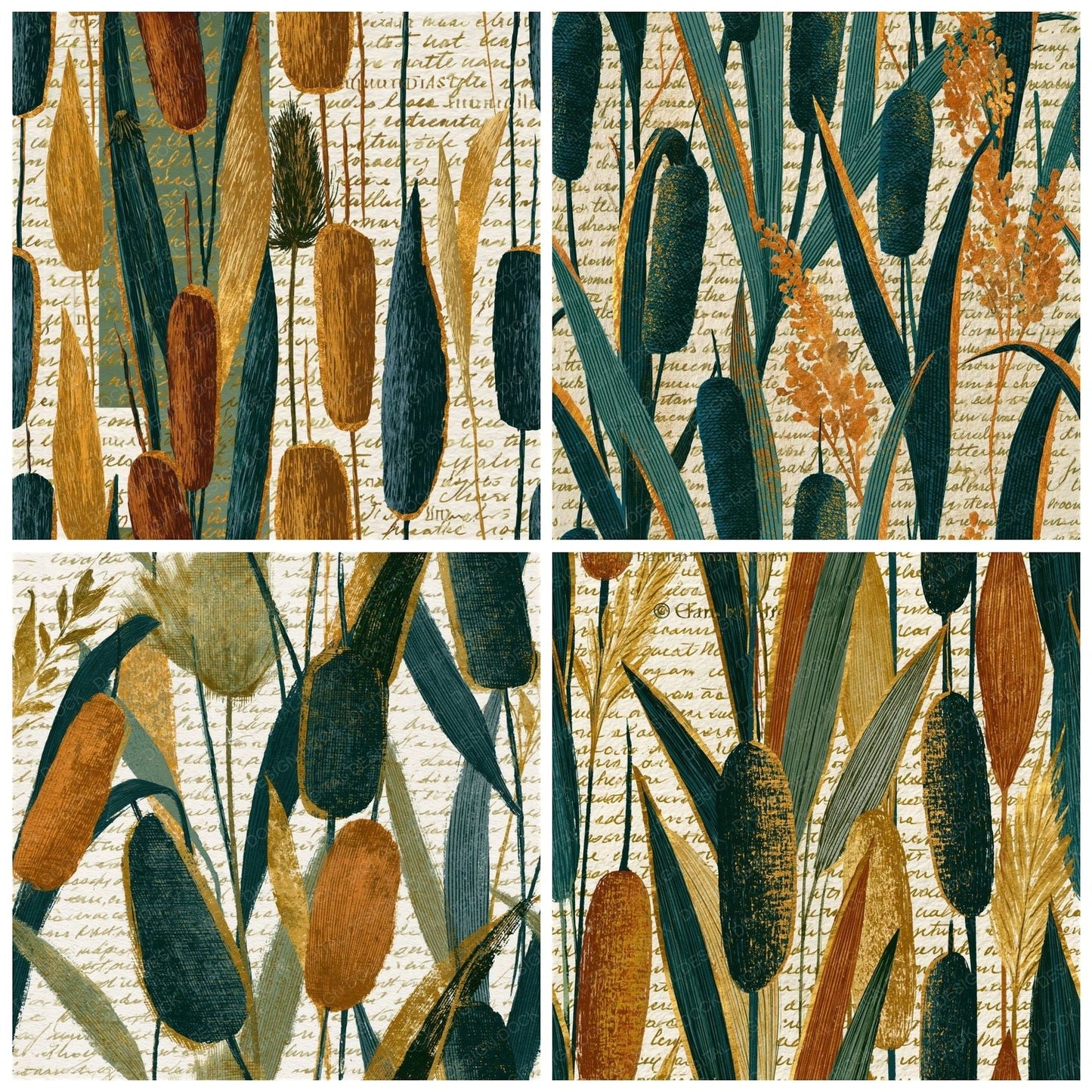 Cross Hatch Cattails Gold Seamless Digital Paper Pack (DDD015869)