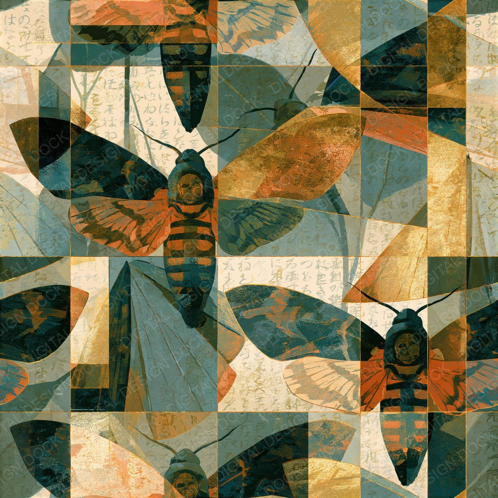 Cubist Death Head Moths Eucalyptus Gold Seamless Digital Paper Pack (DDD015870)