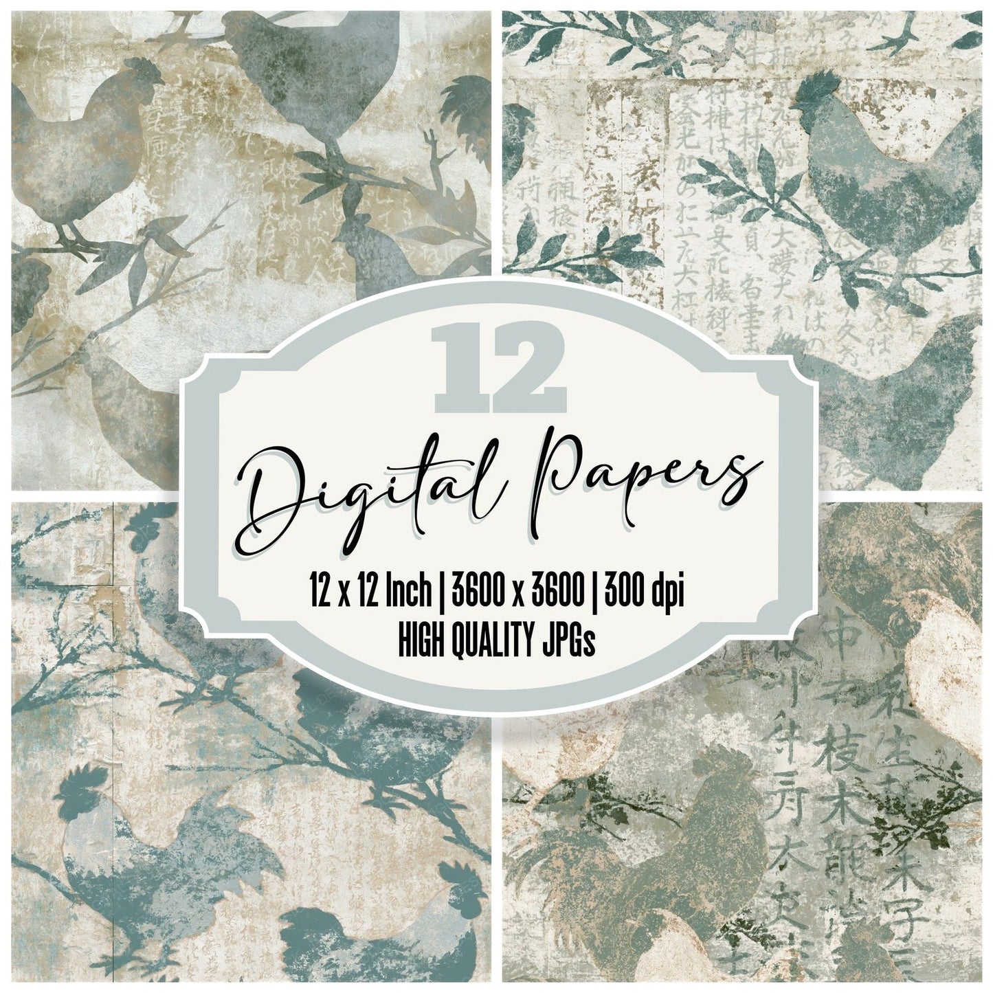 Fresco Chickens Sage Ivory Seamless Digital Paper Pack (DDD015874)