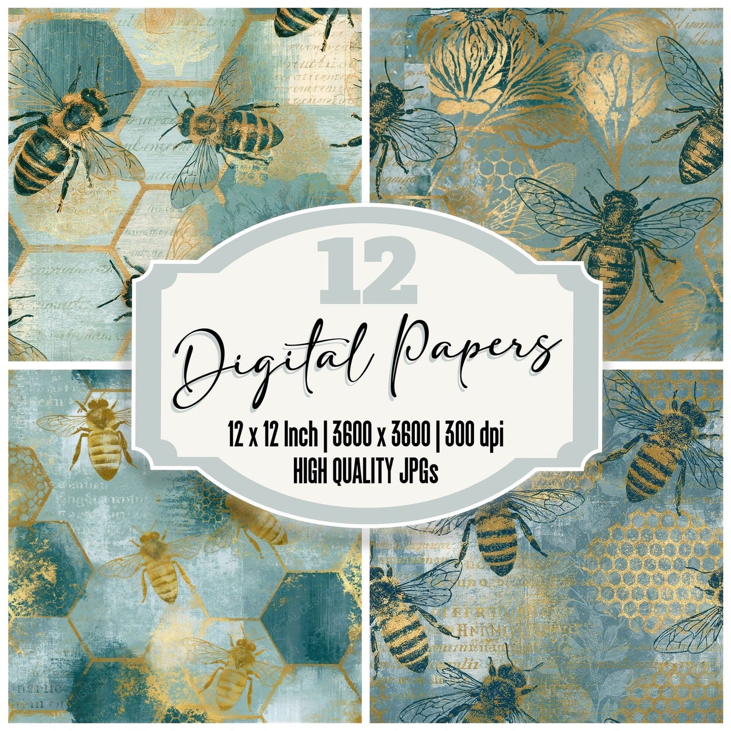 Lithograph Honey Bees Sea Glass Seamless Digital Paper Pack (DDD015878)