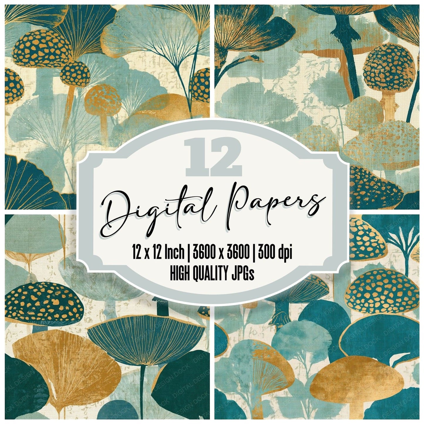 Tapestry Fly Agaric Mint Gold Seamless Digital Paper Pack (DDD015883)