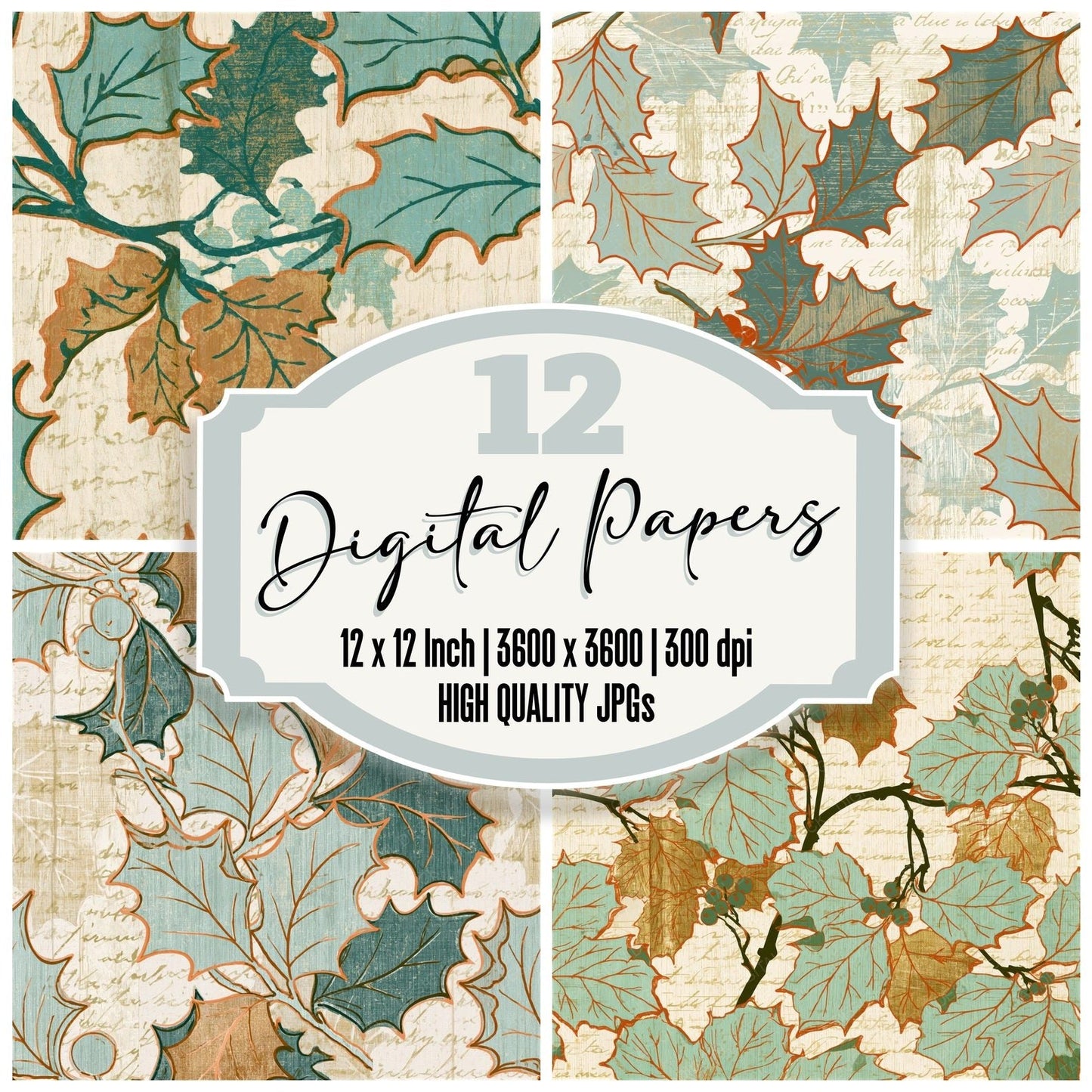 Ukiyo-e Holly Mint Gold Seamless Digital Paper Pack (DDD015884)