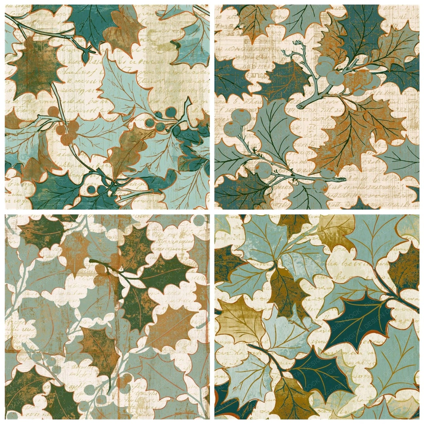 Ukiyo-e Holly Mint Gold Seamless Digital Paper Pack (DDD015884)