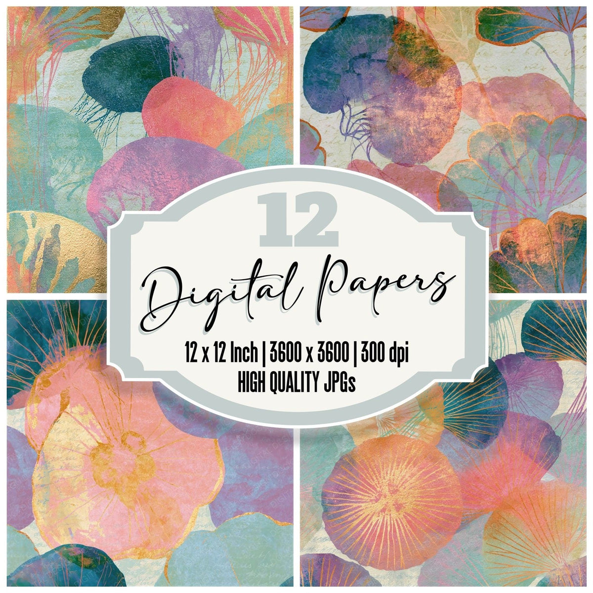 Infrared Jellyfish Mint Pink Seamless digital paper pack cover showing four of the 12 papers