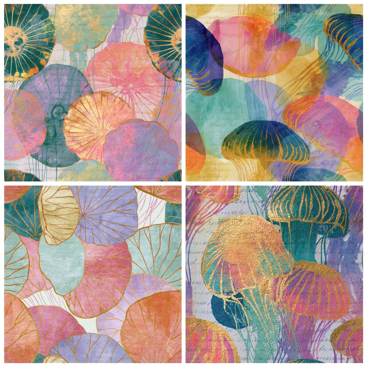 Four Infrared Jellyfish Mint Pink Seamless digital papers from the pack shown in a grid