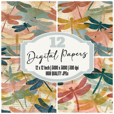 Antique Map Dragonflies Dusty Rose Seamless Digital Paper Pack (DDD015907)