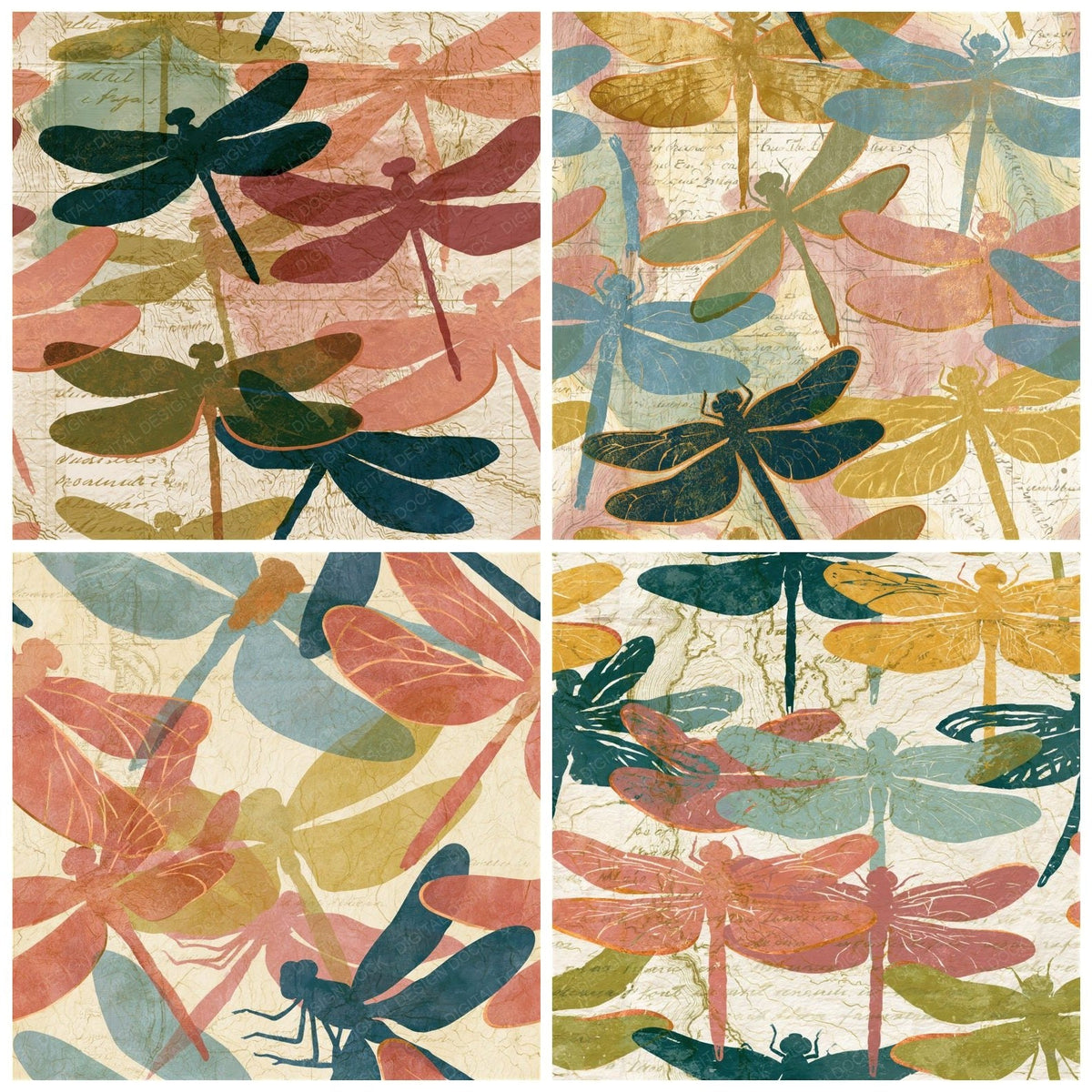 Four Antique Map Dragonflies Dusty Rose Seamless digital papers from the pack shown in a grid