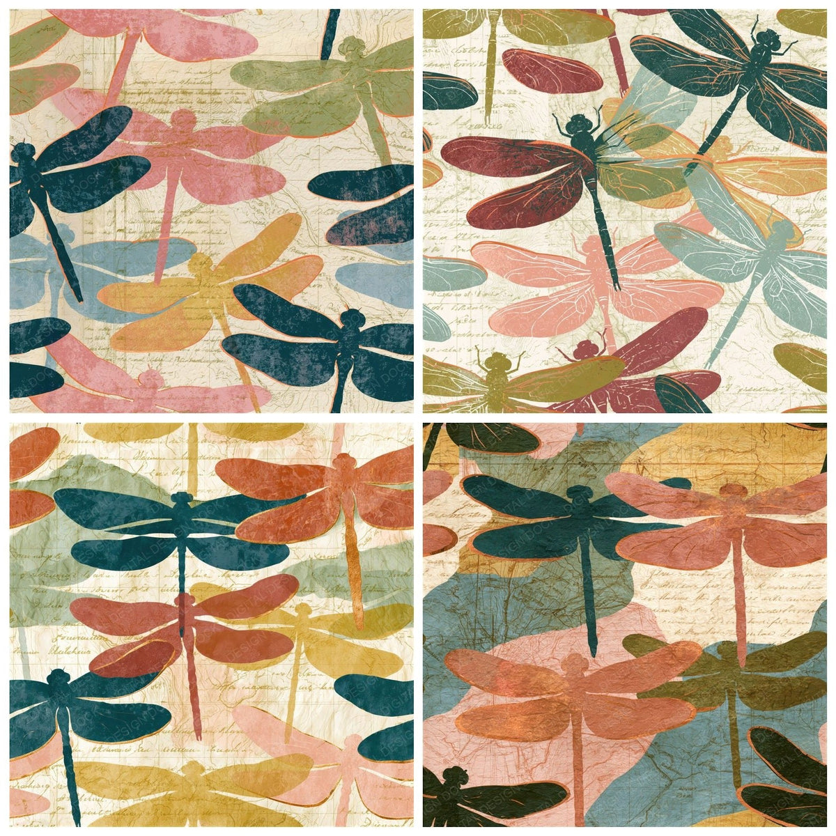 Four more Antique Map Dragonflies Dusty Rose Seamless digital papers from the pack shown in a grid