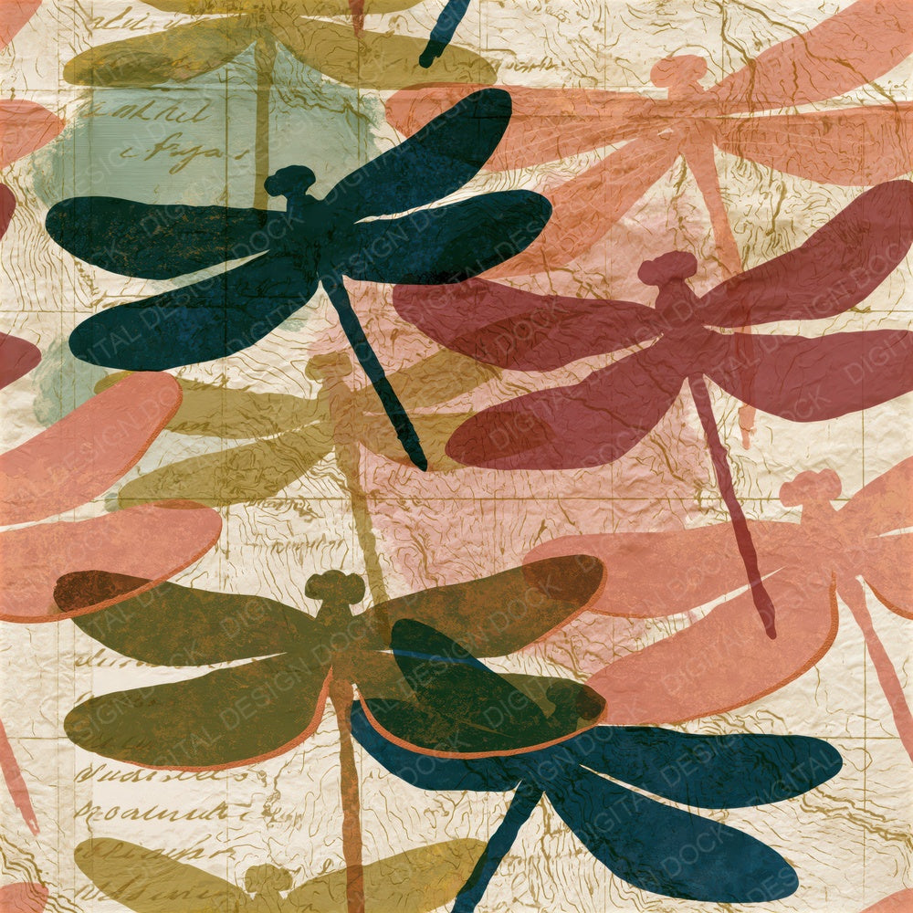 Single Antique Map Dragonflies Dusty Rose Seamless digital paper shown full size