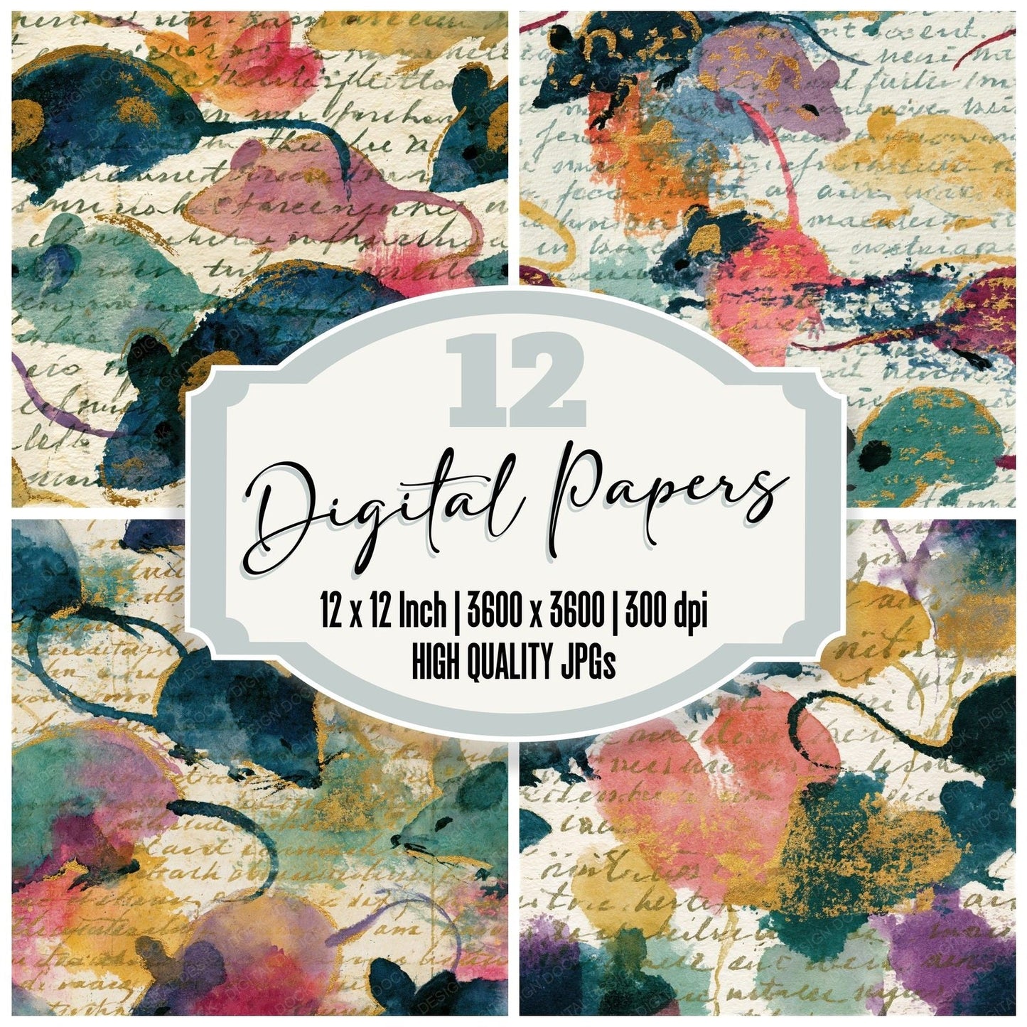 Sumi-e Mice Soft Pink Mint Seamless Digital Paper Pack (DDD015923)
