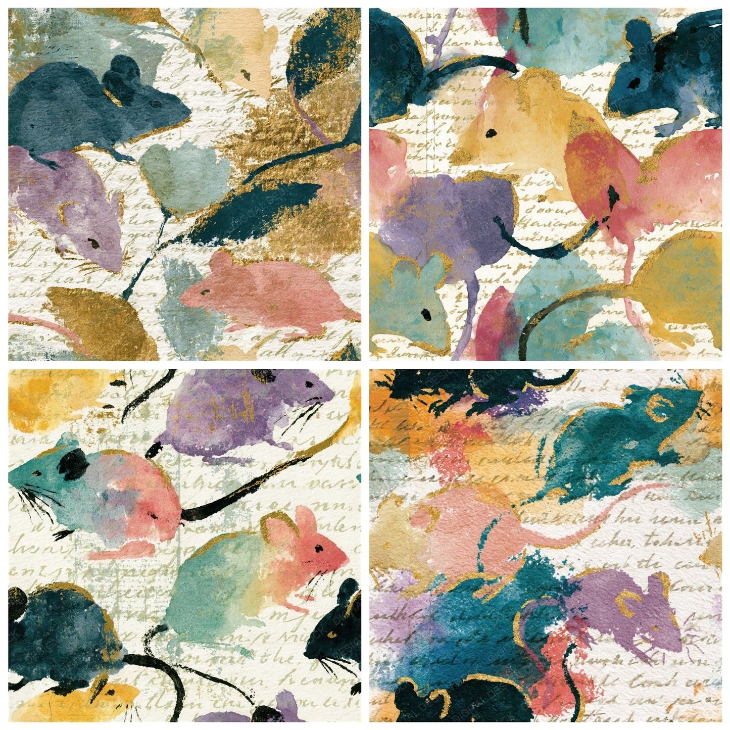 Sumi-e Mice Soft Pink Mint Seamless Digital Paper Pack (DDD015923)
