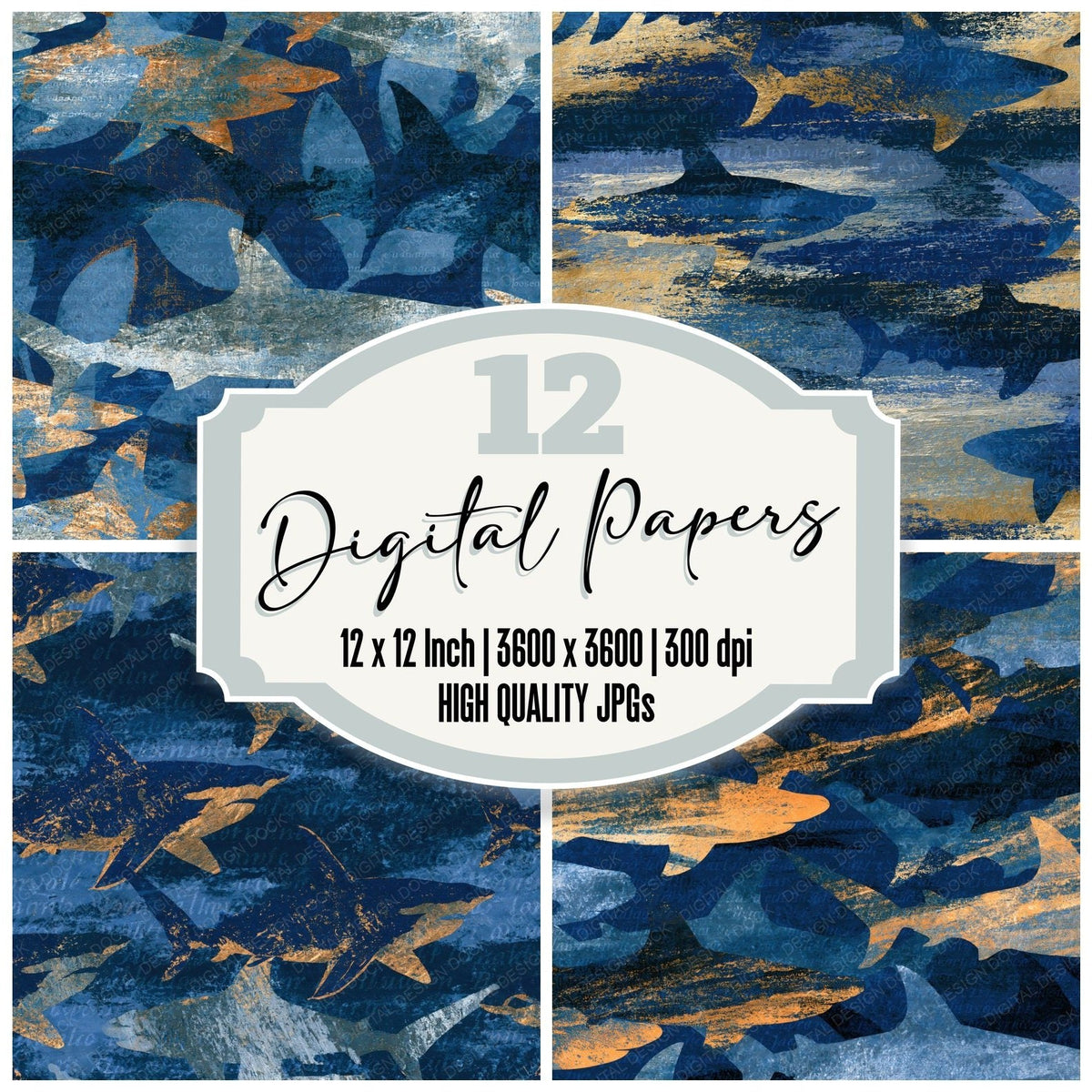 Oil Pastel Sharks Midnight Silver digital paper pack cover showing four of the 12 papers