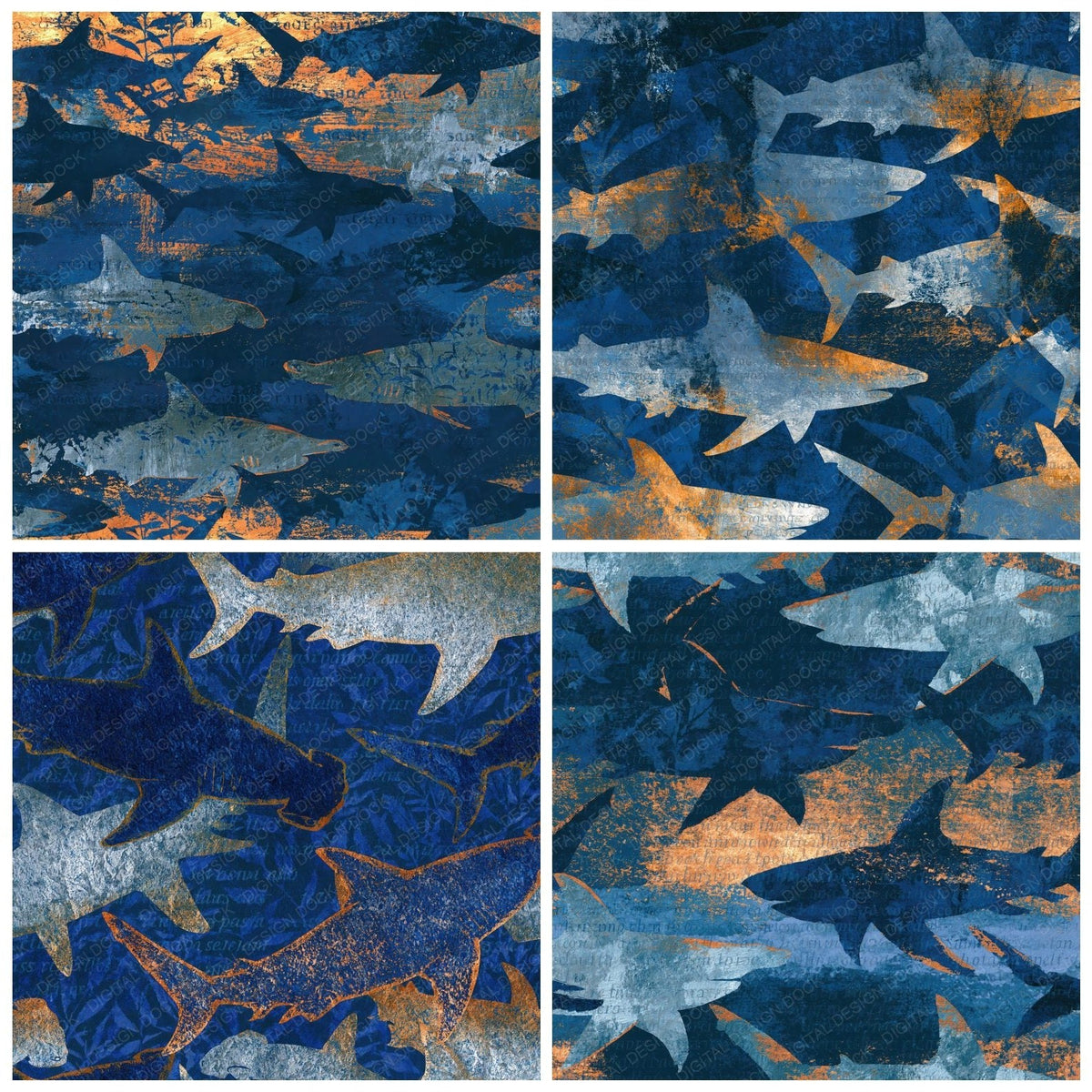 Four Oil Pastel Sharks Midnight Silver digital papers from the pack shown in a grid