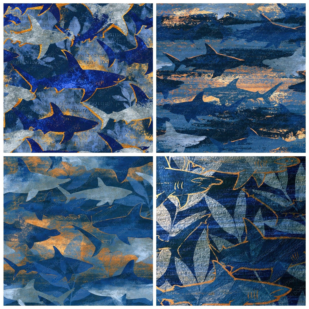 Four more Oil Pastel Sharks Midnight Silver digital papers from the pack shown in a grid