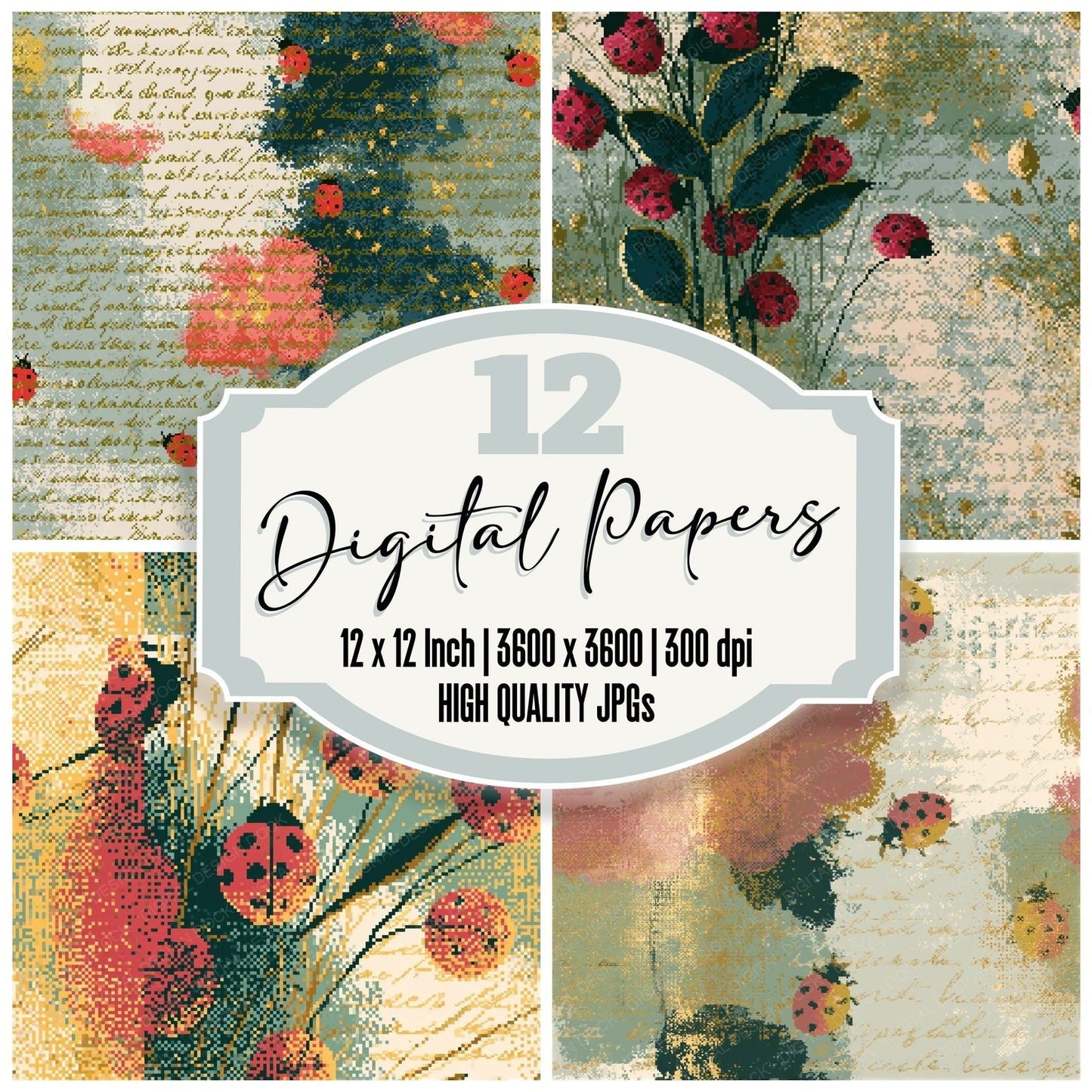 Pixel Ladybirds Rose Lemon Seamless Digital Paper Pack (DDD015941)