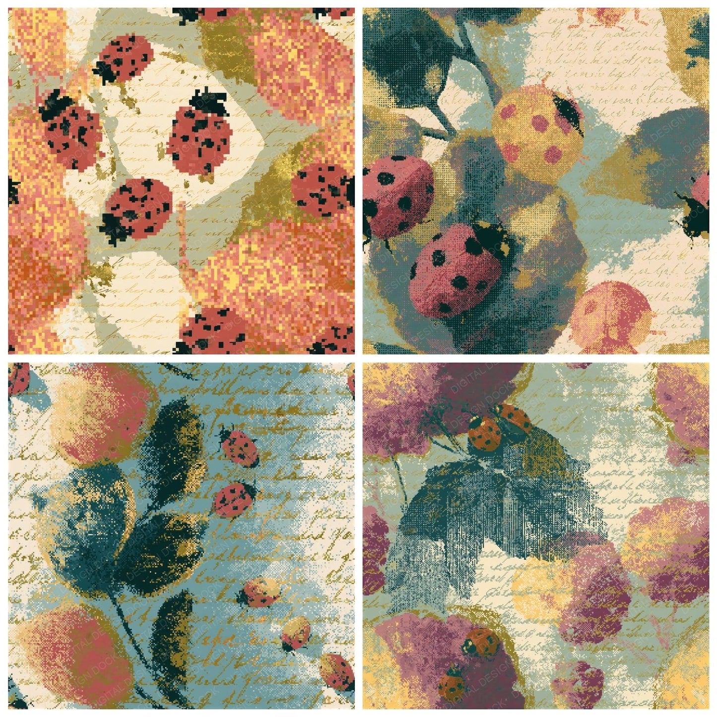 Pixel Ladybirds Rose Lemon Seamless Digital Paper Pack (DDD015941)