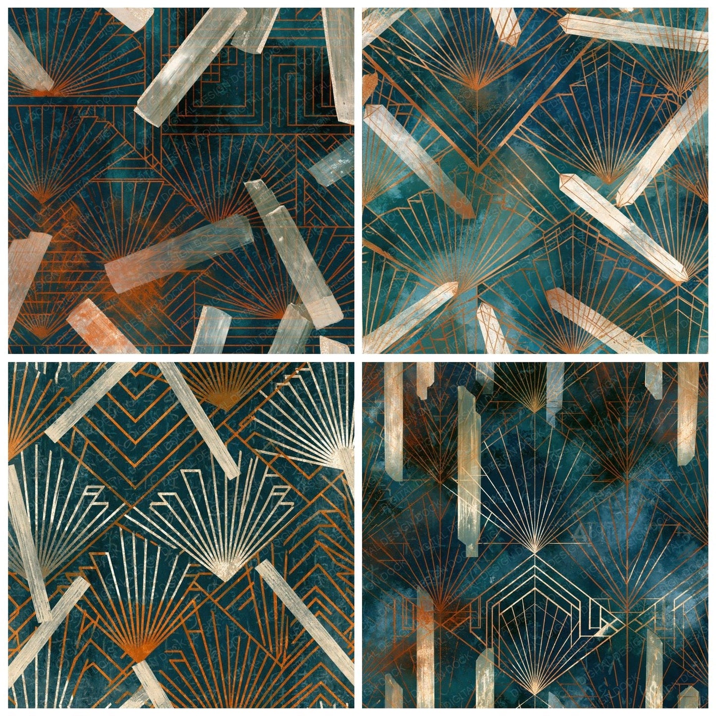 Art Deco Selenite Teal Bone Digital Paper Pack (DDD015945)