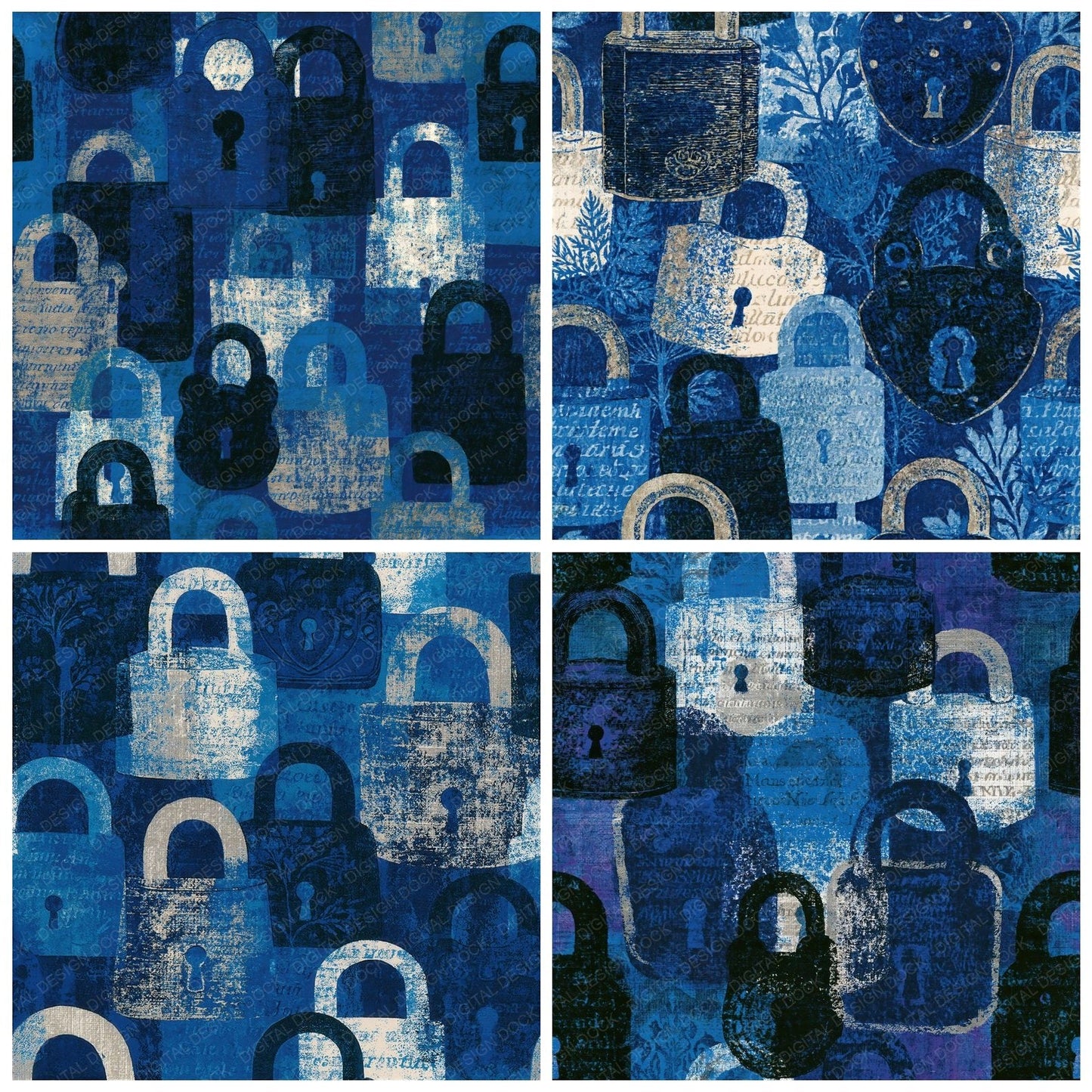 Etching Padlocks Electric Blue Navy Seamless Digital Paper Pack (DDD015949)
