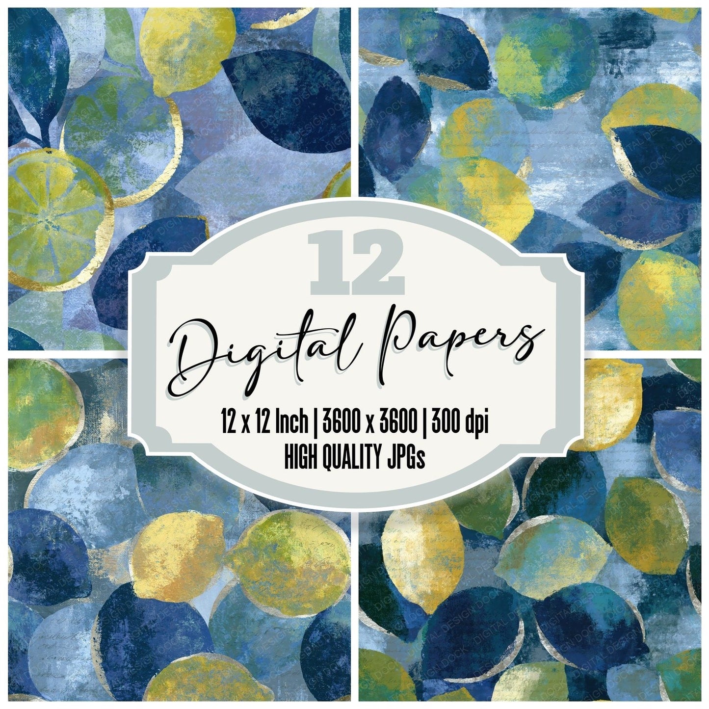 Impressionist Lemon Lime Indigo Seamless Digital Paper Pack (DDD015950)
