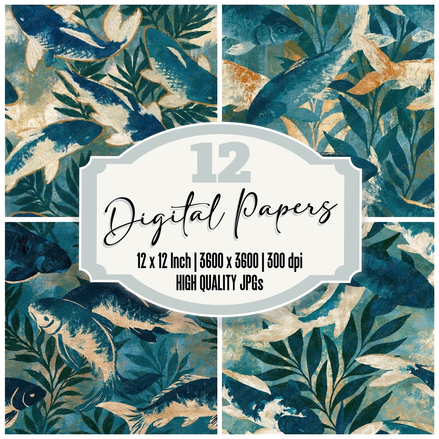 Oil Pastel Koi Teal Bone Seamless Digital Paper Pack (DDD015957)