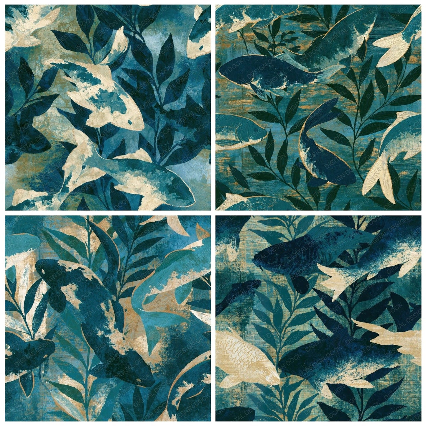 Oil Pastel Koi Teal Bone Seamless Digital Paper Pack (DDD015957)