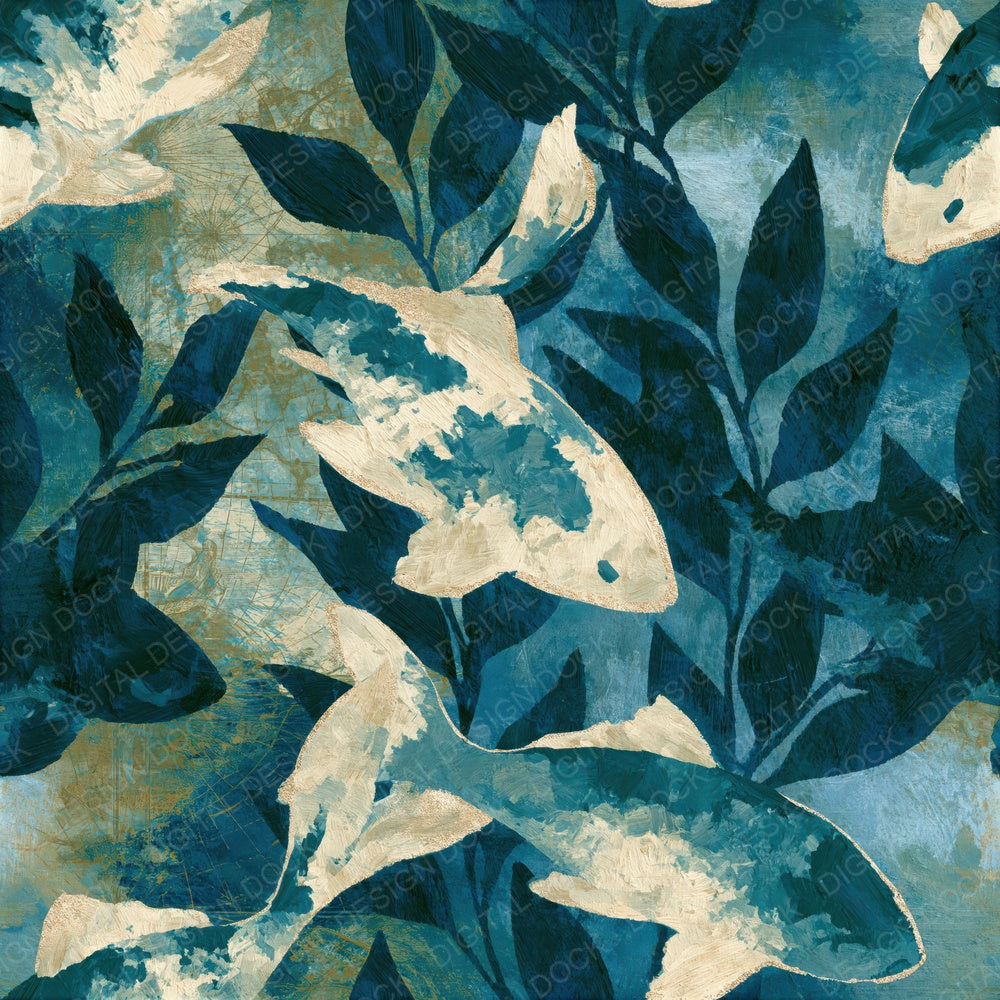 Oil Pastel Koi Teal Bone Seamless Digital Paper Pack (DDD015957)