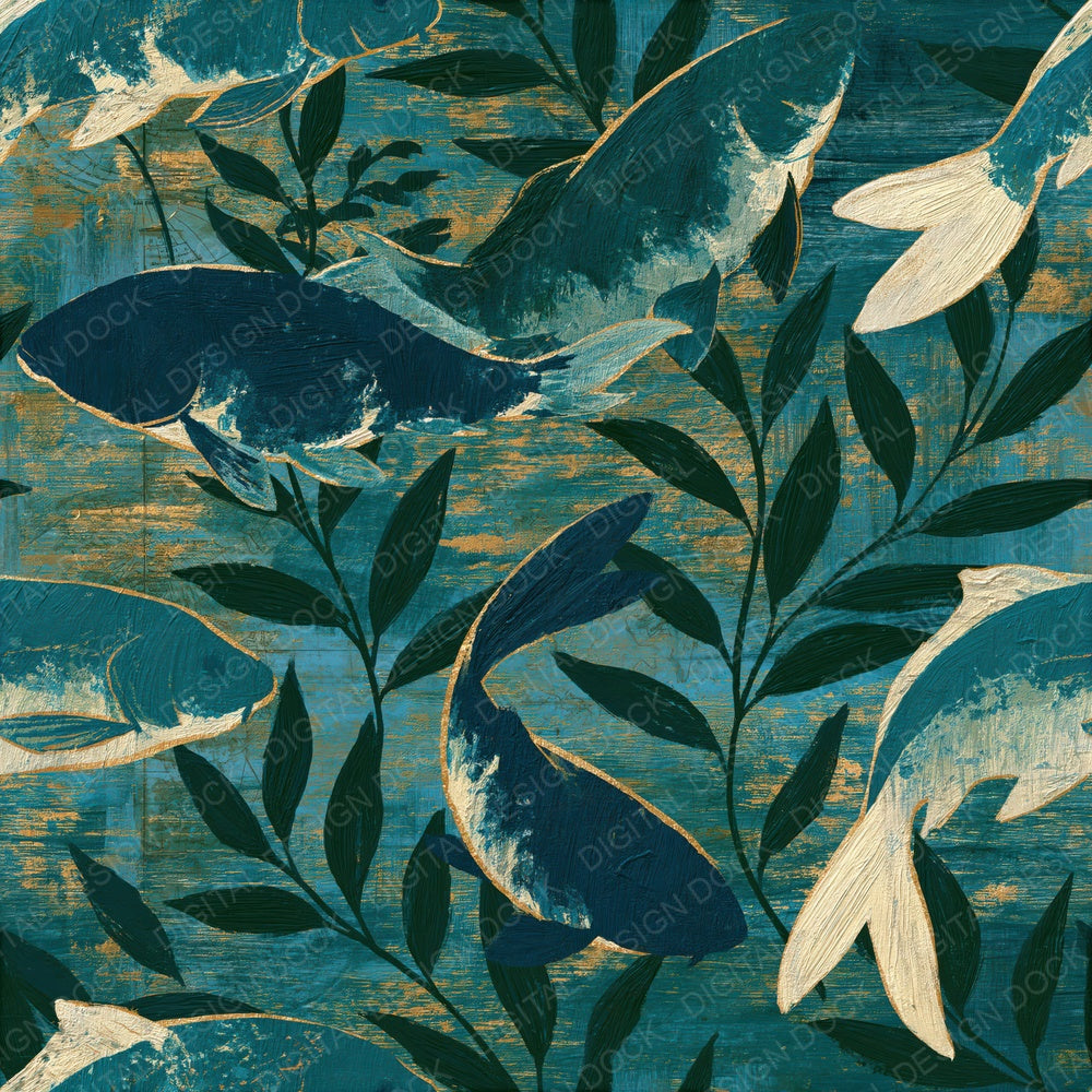 Oil Pastel Koi Teal Bone Seamless Digital Paper Pack (DDD015957)