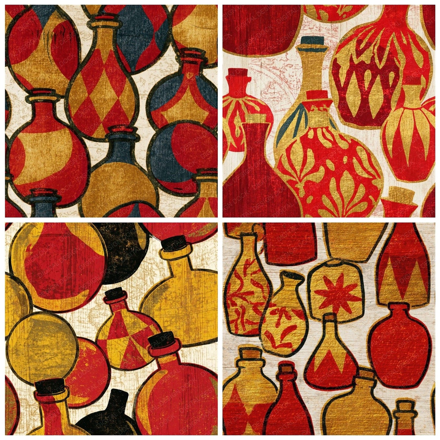Ukiyo-e Spell Bottles Red Gold Seamless Digital Paper Pack (DDD015962)