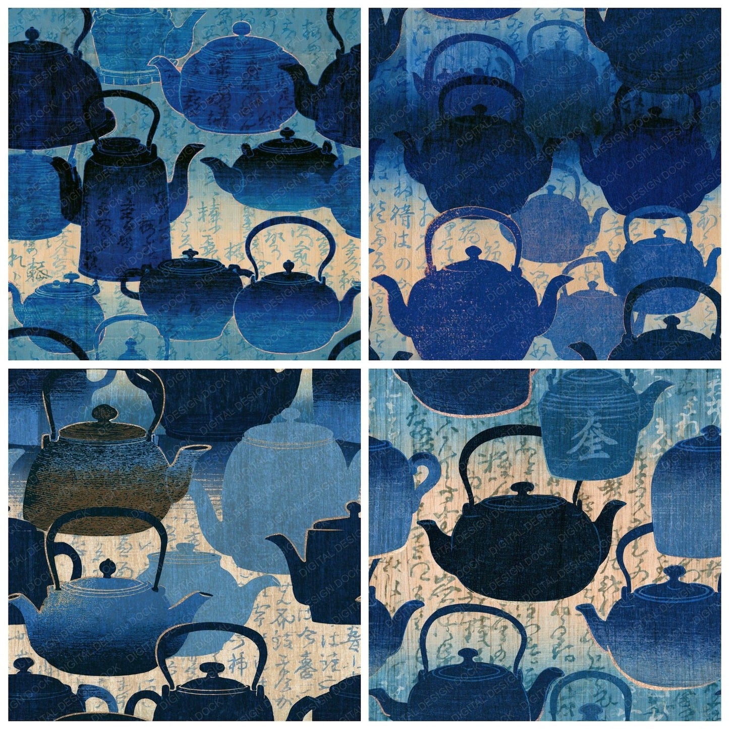Ukiyo-e Tea Kettles Bone Navy Seamless Digital Paper Pack (DDD015963)