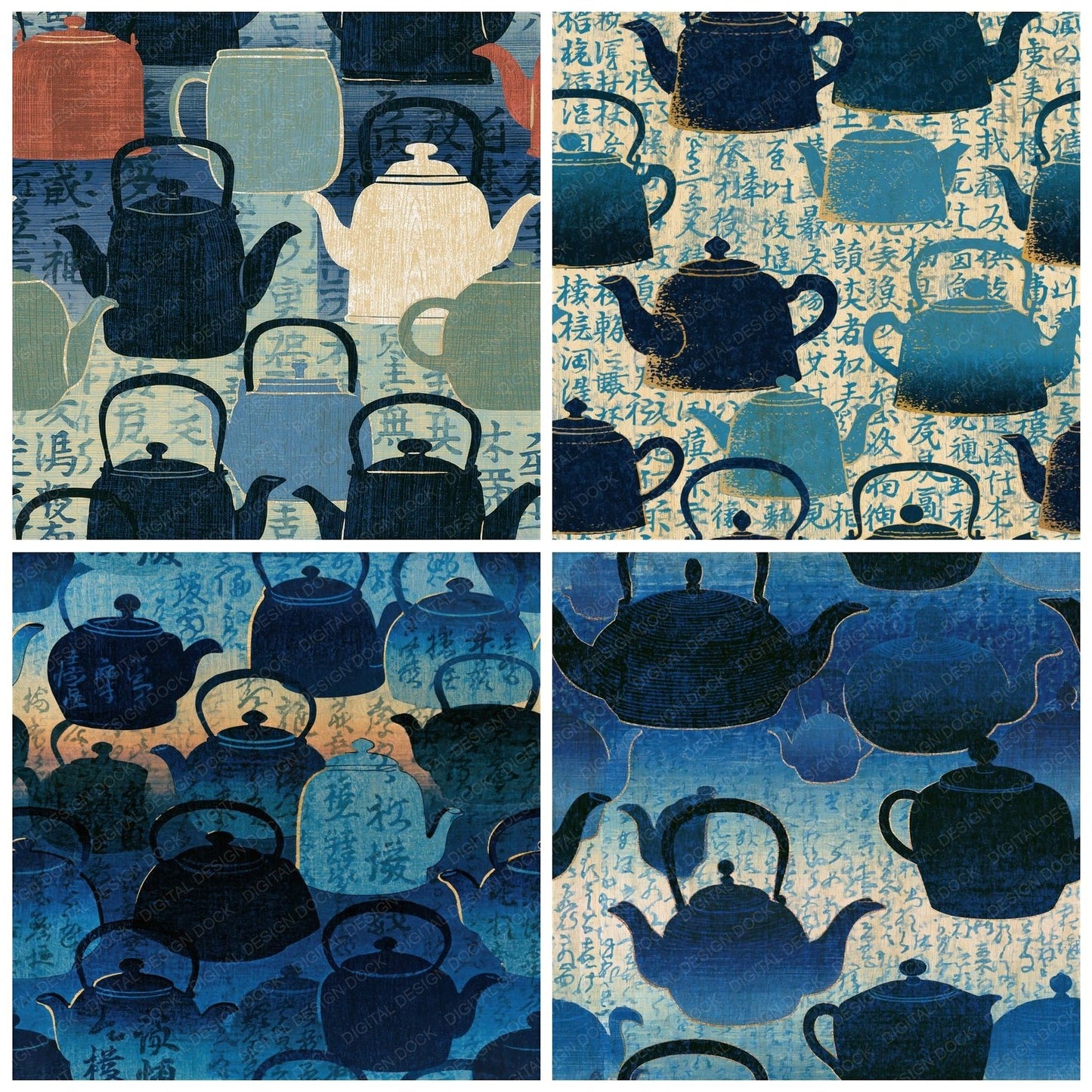 Ukiyo-e Tea Kettles Bone Navy Seamless Digital Paper Pack (DDD015963)