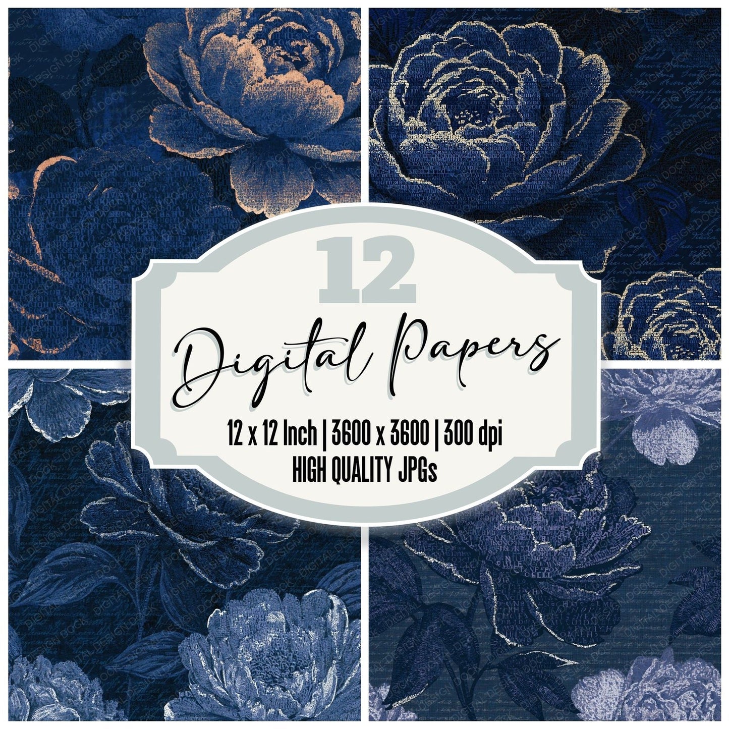 ASCII Peonies Midnight Silver Digital Paper Pack (DDD015966)