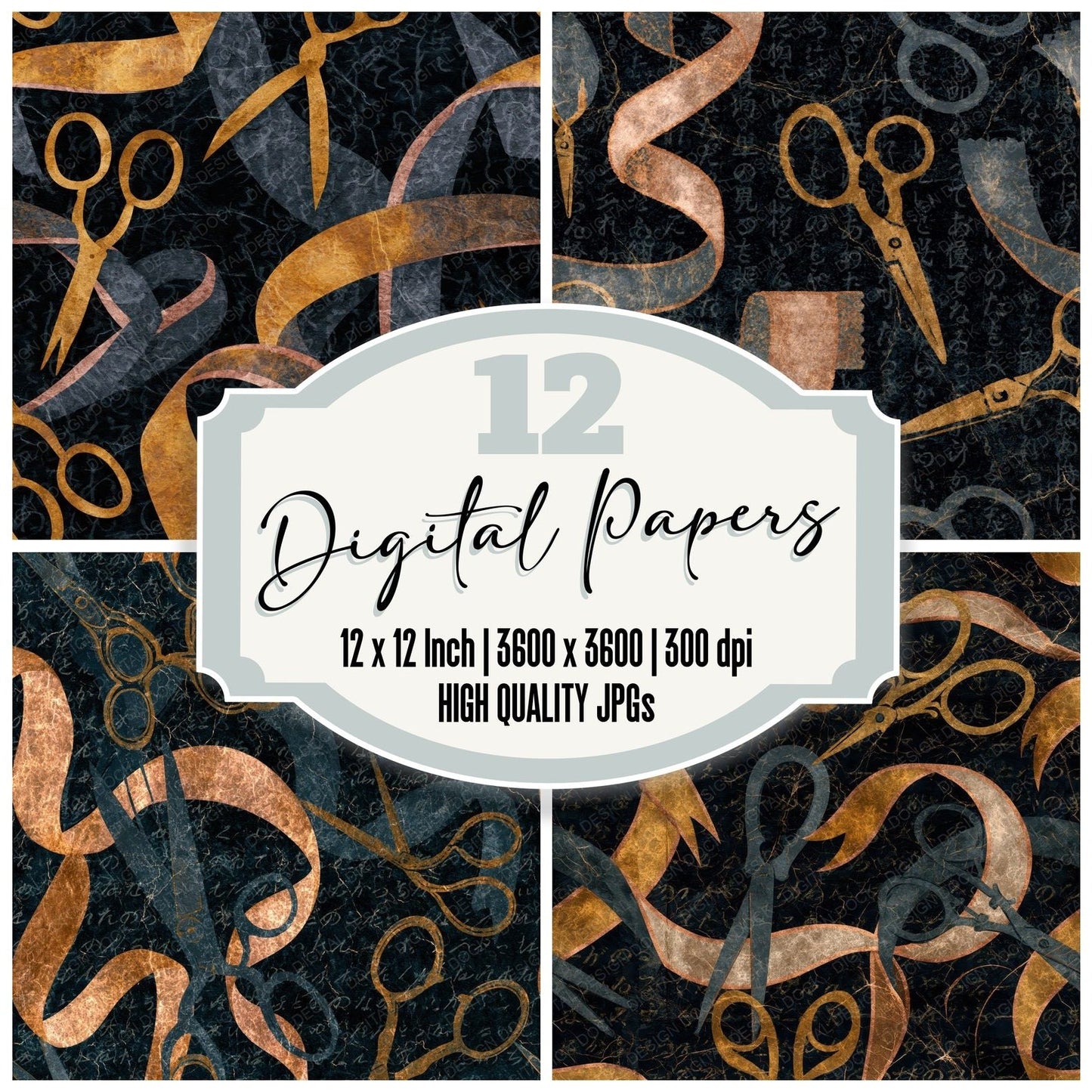 Batik Scissors Ribbons Gold Seamless Digital Paper Pack (DDD015968)