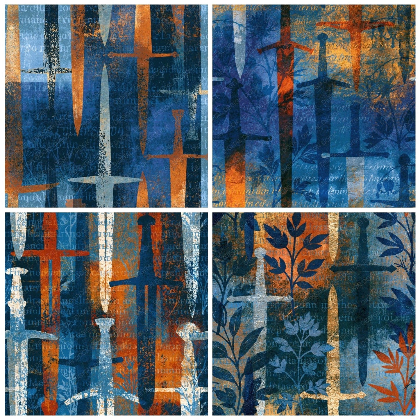 Letterpress Enchanted Swords Navy Rust Digital Paper Pack (DDD015972)