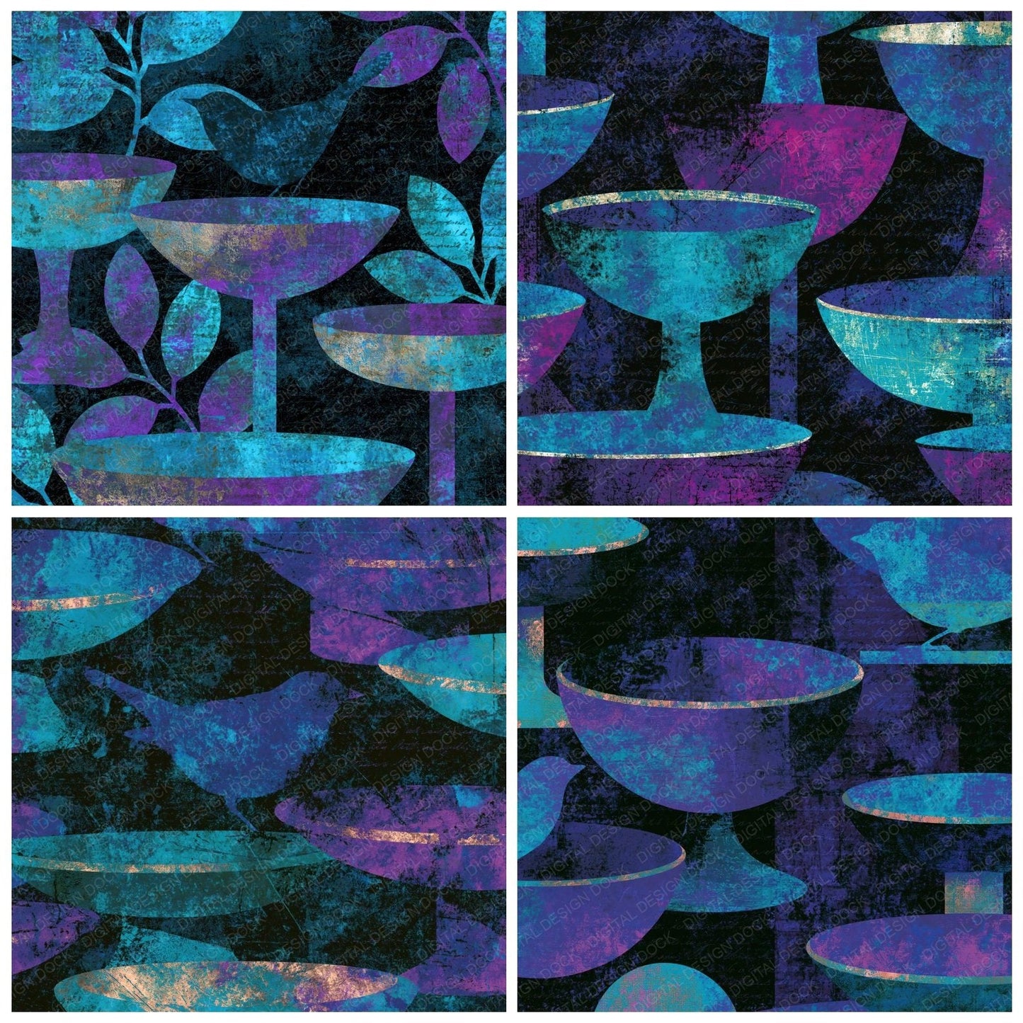 Scratchboard Birdbaths Cyan Violet Digital Paper Pack (DDD015976)