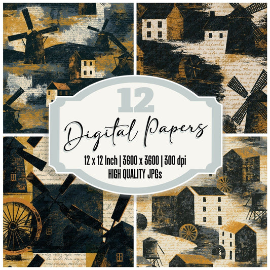 Screenprint Water Mills Cream Mustard digital paper pack cover showing four of the 12 papers
