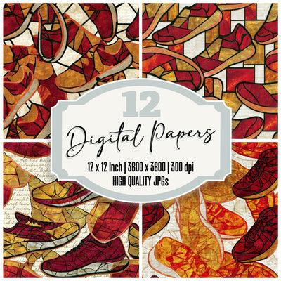 Stained Glass Running Shoes Circus Red Seamless digital paper pack cover showing four of the 12 papers