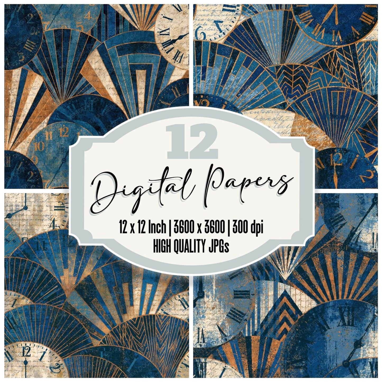Art Deco Clocks Denim Cobalt Digital Paper Pack (DDD015986)