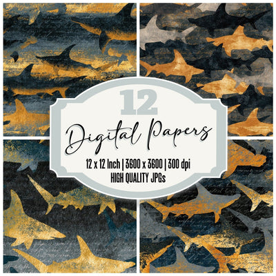 Egg Tempera Hammerhead Sharks Charcoal Gold Digital Paper Pack (DDD015992)