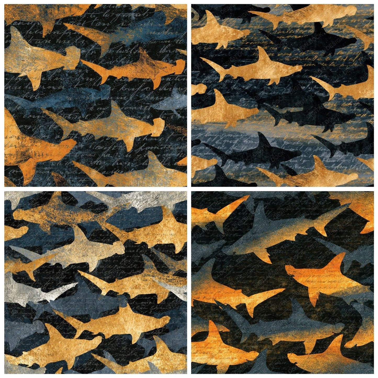 Egg Tempera Hammerhead Sharks Charcoal Gold Digital Paper Pack (DDD015992)