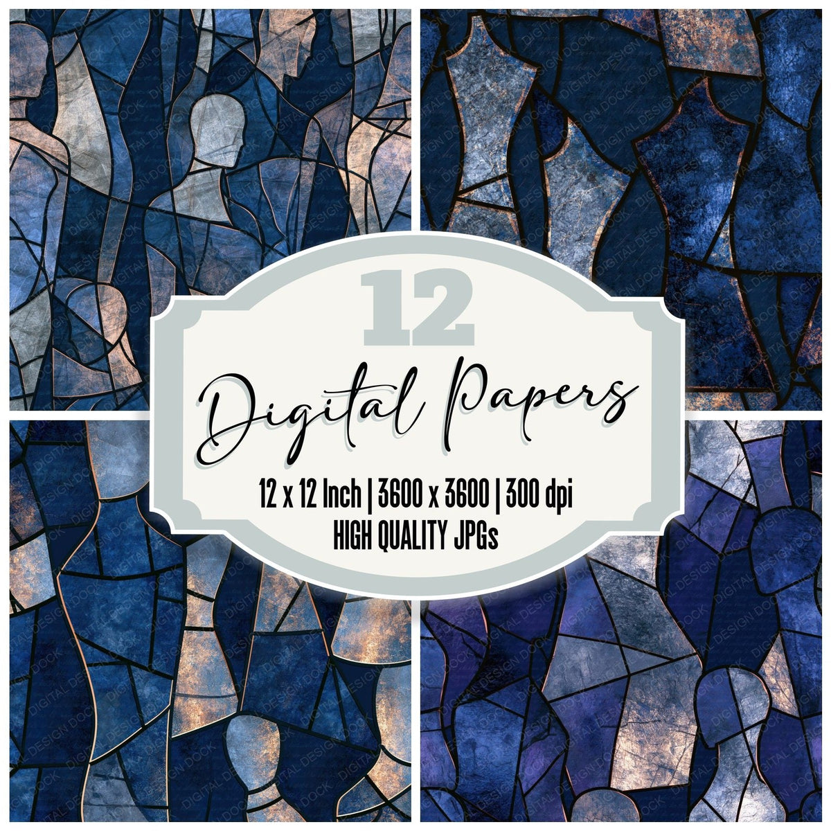 Stained Glass Mannequins Midnight Silver digital paper pack cover showing four of the 12 papers