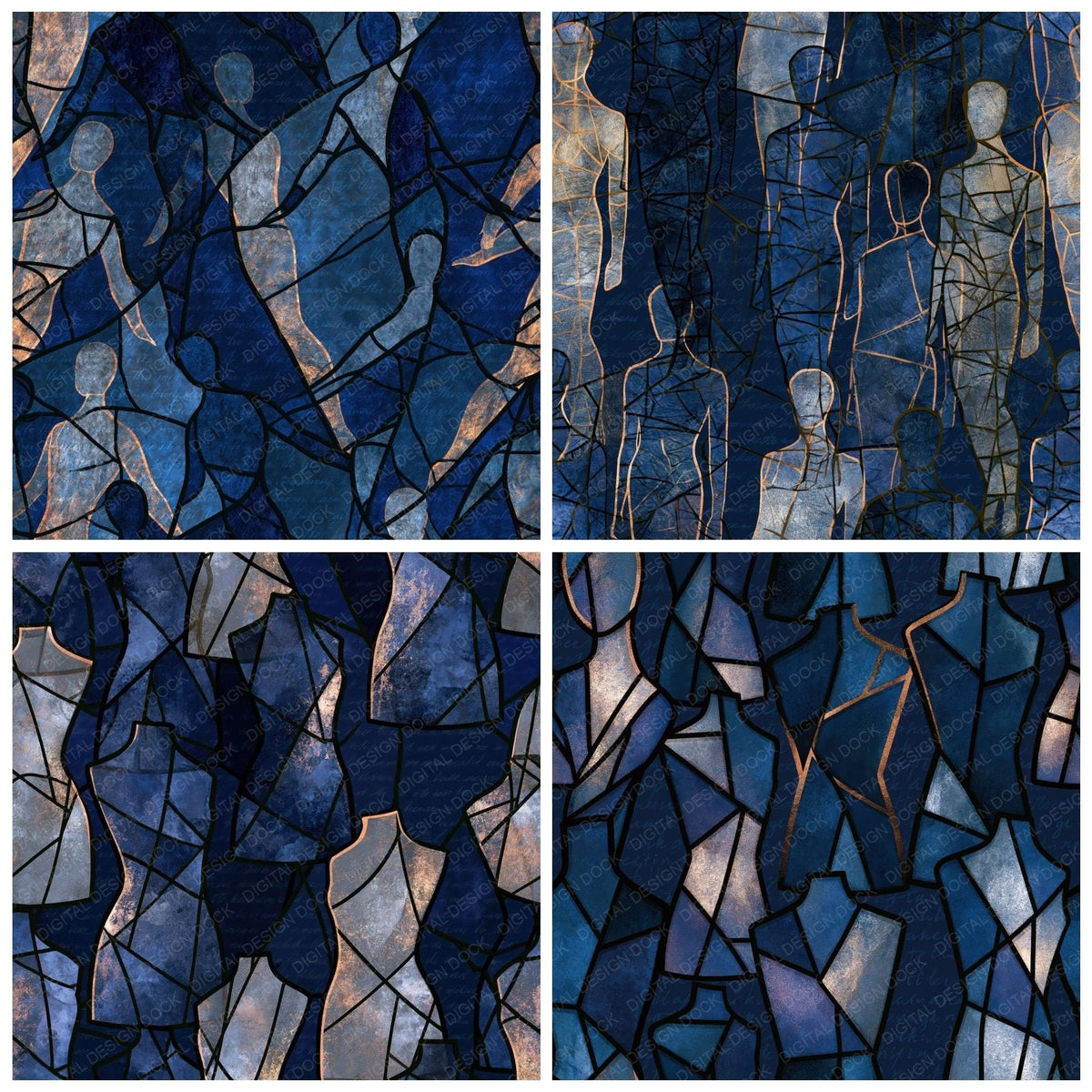 Four Stained Glass Mannequins Midnight Silver digital papers from the pack shown in a grid