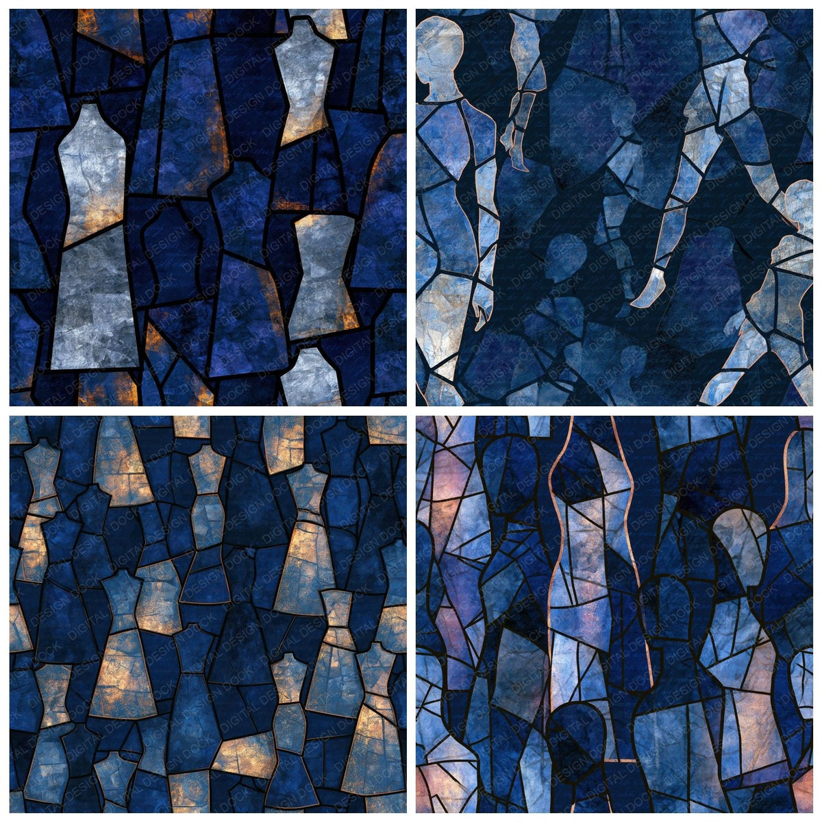 Four more Stained Glass Mannequins Midnight Silver digital papers from the pack shown in a grid