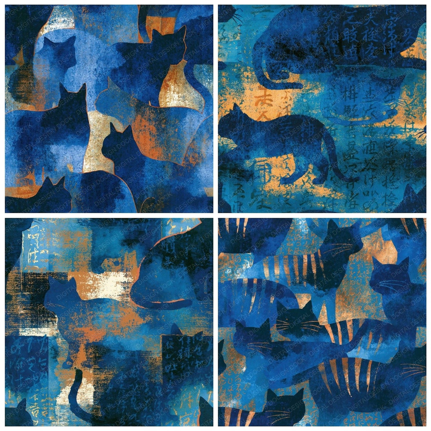 Sumi-e Tabby Cat Navy Blue Seamless Digital Paper Pack (DDD016020)