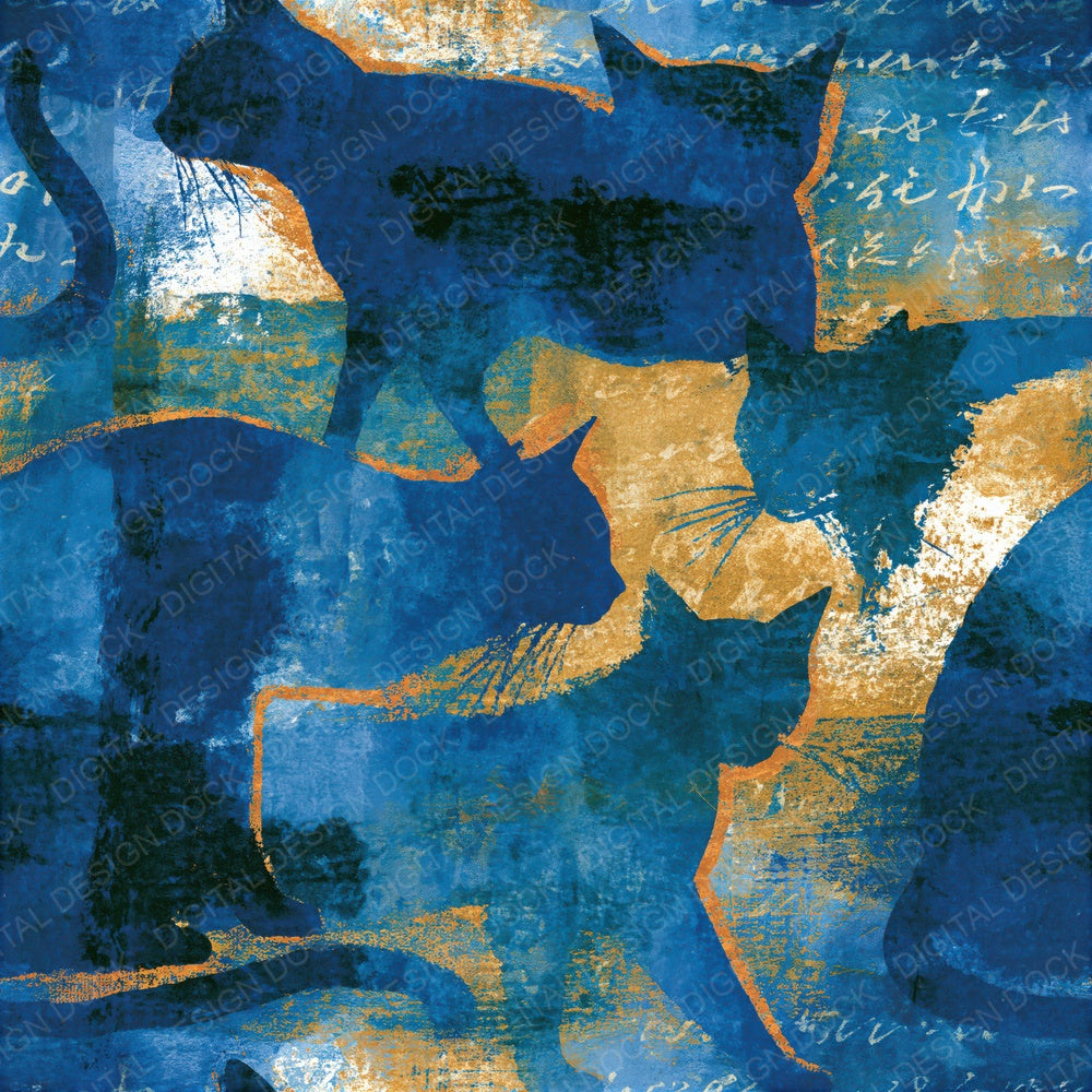 Sumi-e Tabby Cat Navy Blue Seamless Digital Paper Pack (DDD016020)