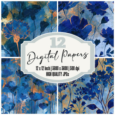 Sumi-e Wildflowers Electric Blue Navy digital paper pack cover showing four of the 12 papers