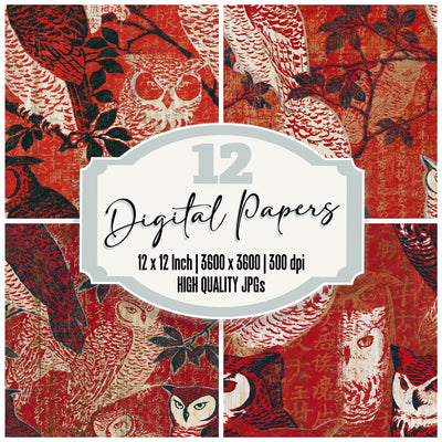 Ukiyo-e Owl Crimson White Seamless Digital Paper Pack (DDD016023)